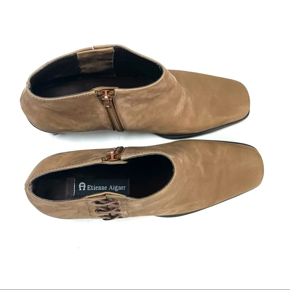 Etienne Aigner Saddle Ankle Boots‎ Square Toe Brown Leather Zip Up Size 8M